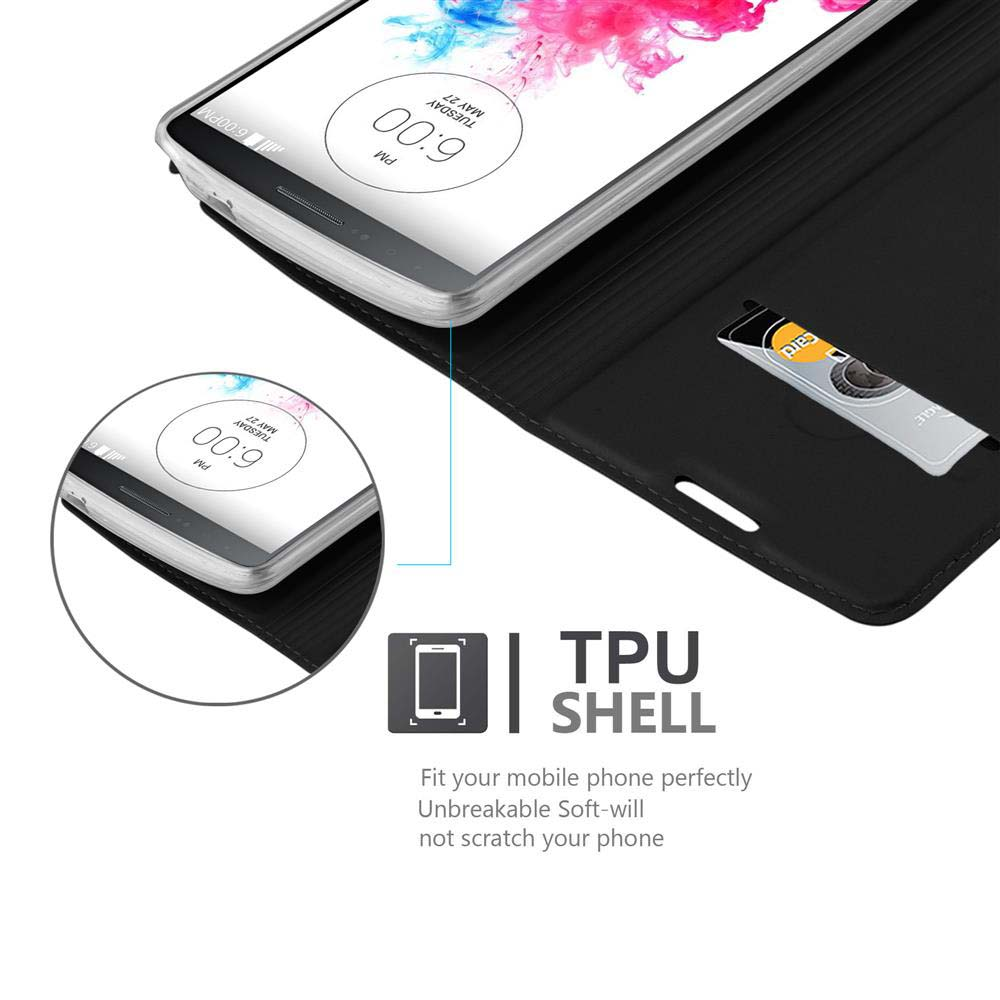 Handyhülle mit Telefon, das einen Bildschirm anzeigt. Die Hülle ist schwarz mit einem Kartenfach. TPU SHELL ist beschriftet.