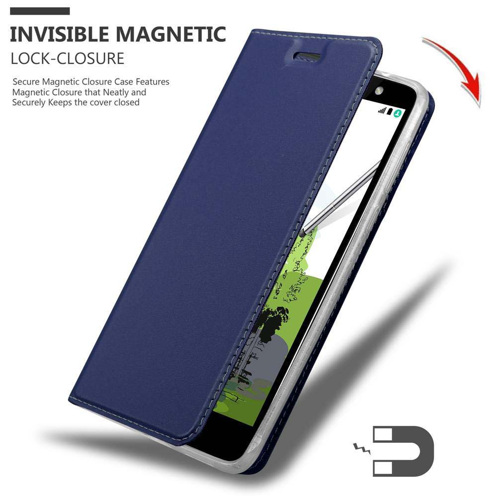 Eine blaue Handyhülle mit einem Telefon darin. Die Hülle hat einen Magnetverschluss. Ein Magnet-Symbol ist sichtbar.
