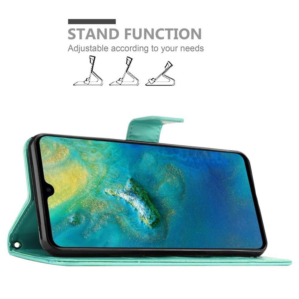 Un telefono in una custodia verde acqua. La custodia può essere regolata per la funzione supporto. A seconda.
