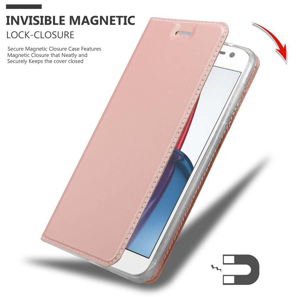 Funda rosa de teléfono abriéndose. Cierre magnético y gráfico de imán presentes.