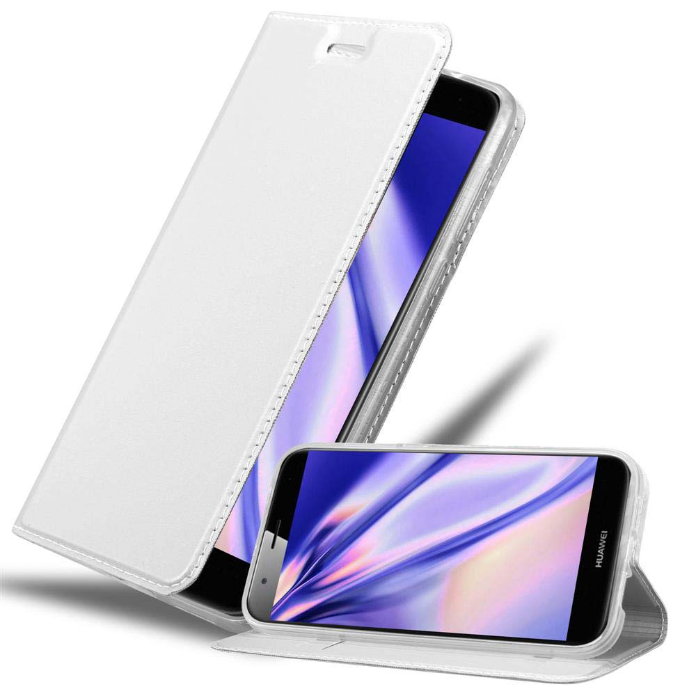 Funda de teléfono blanca con un teléfono dentro. La funda está abierta, mostrando la pantalla del teléfono.