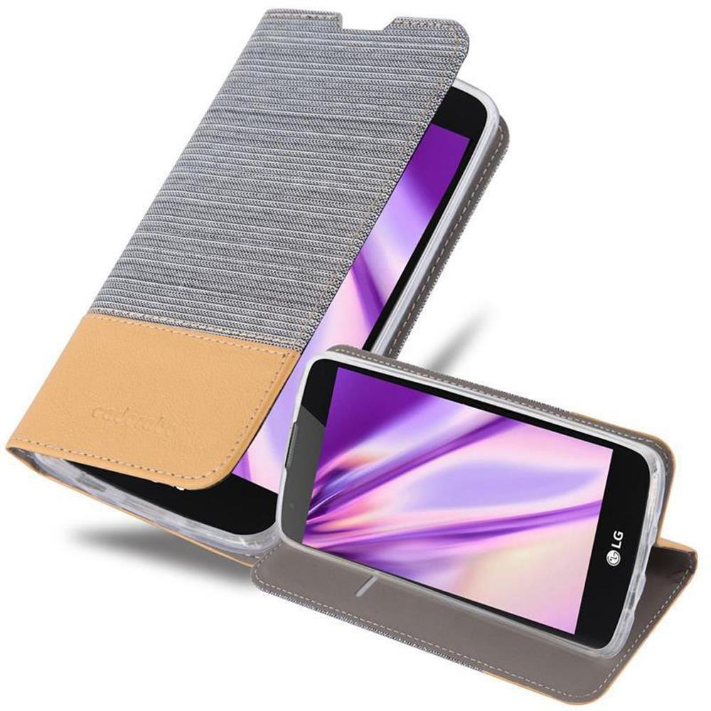 Telefono in custodia grigia con accenti beige. Custodia aperta e chiusa. Schermo viola.