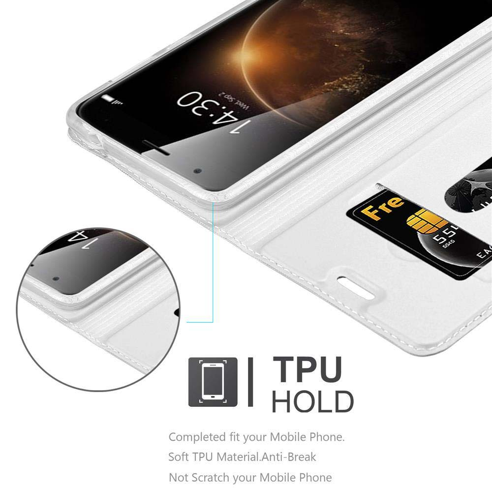 Funda de teléfono blanca. Un teléfono está dentro. Texto: TPU HOLD. Tarjeta dentro de la funda. El teléfono muestra la hora y la fecha.