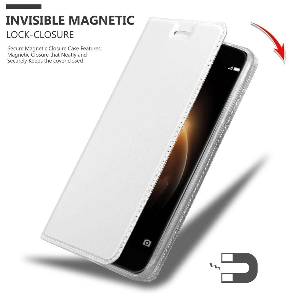 Una funda de teléfono blanca está abierta, revelando un teléfono dentro, sobre fondo blanco.