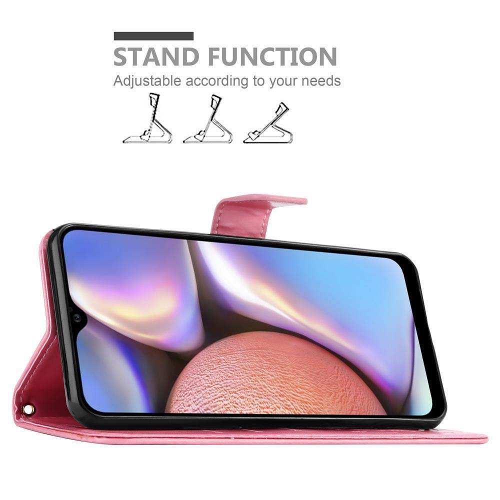 Un telefono in una custodia rosa. La custodia è aperta e lo schermo del telefono è visibile.