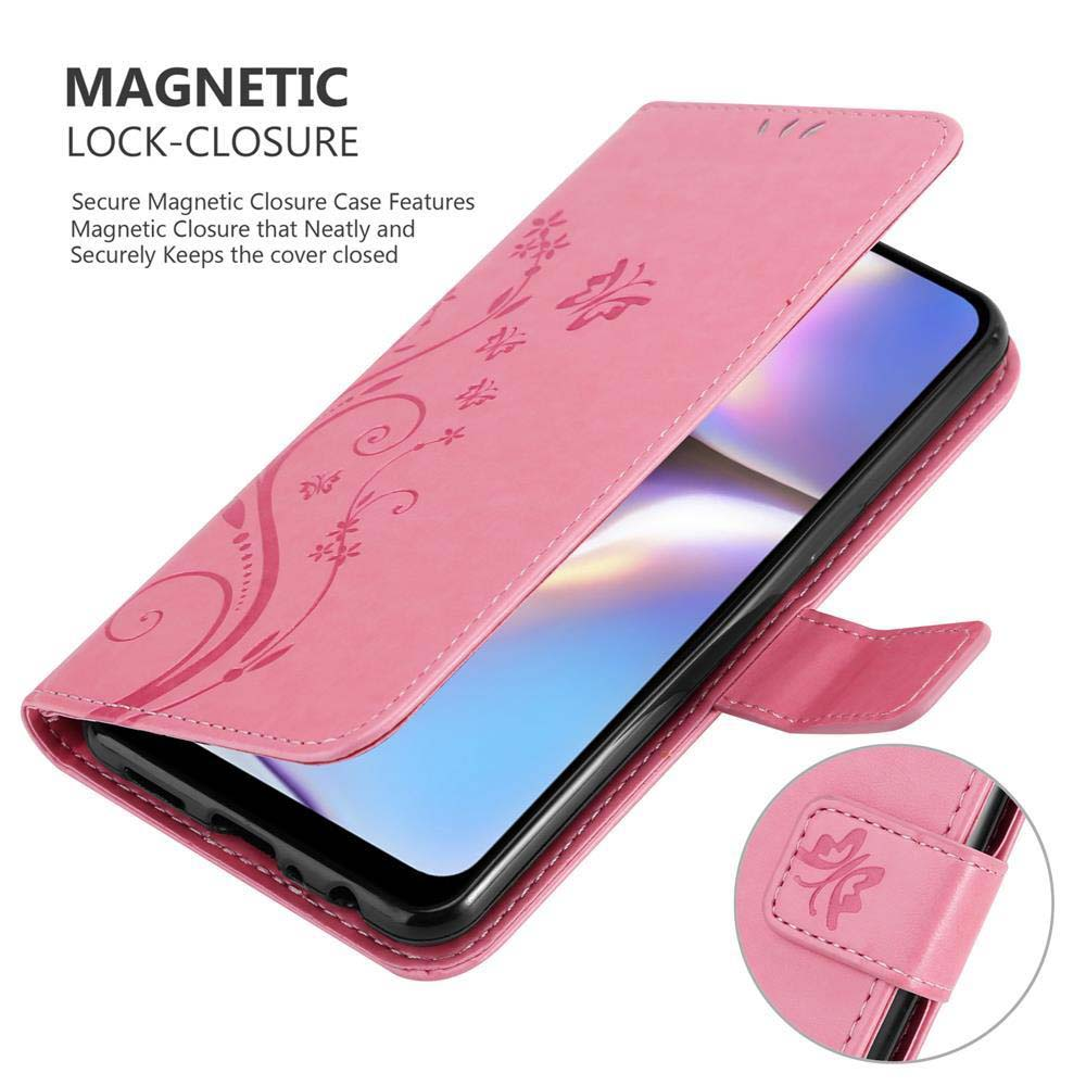 Una custodia per telefono rosa con un motivo floreale. Il telefono è nella custodia. La custodia è aperta.