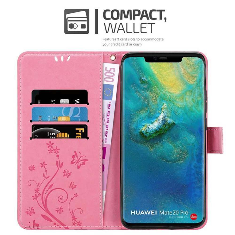 Custodia rosa con design a portafoglio aperto, che mostra telefono e carte.