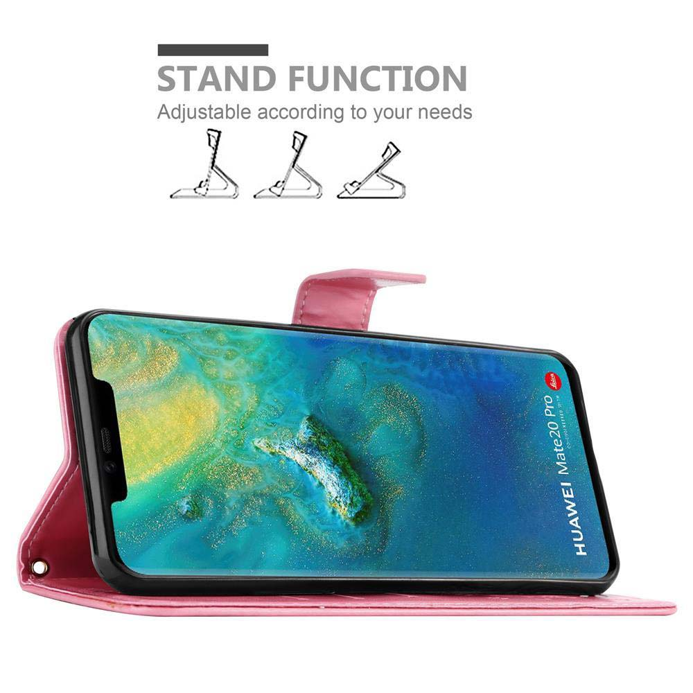 Un telefono in una custodia rosa che può stare in piedi, che mostra lo schermo.