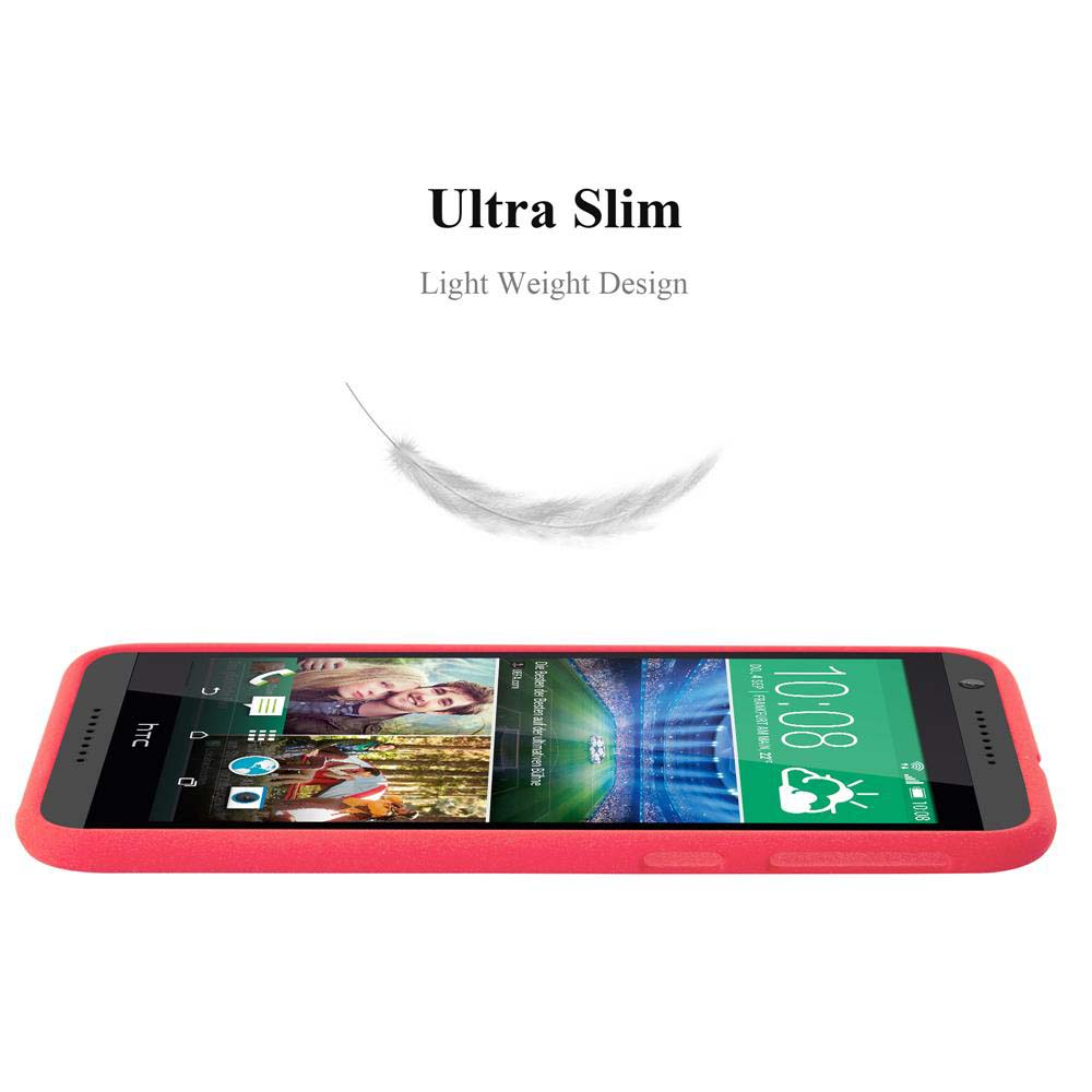 Telefono rosso in una custodia rossa. Piuma leggera sopra il telefono. Testo: Ultra Slim, Light Weight Design.