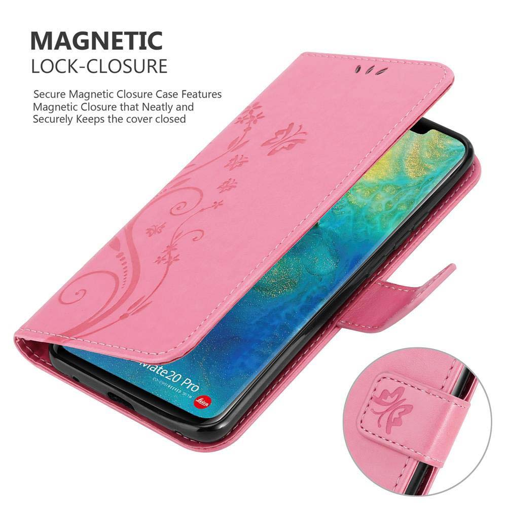 Una custodia per telefono rosa con un telefono all'interno. La custodia è aperta, con un design floreale e una chiusura magnetica.