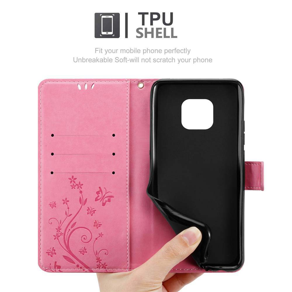 Custodia per telefono rosa aperta, che mostra un supporto nero. Design floreale visibile.