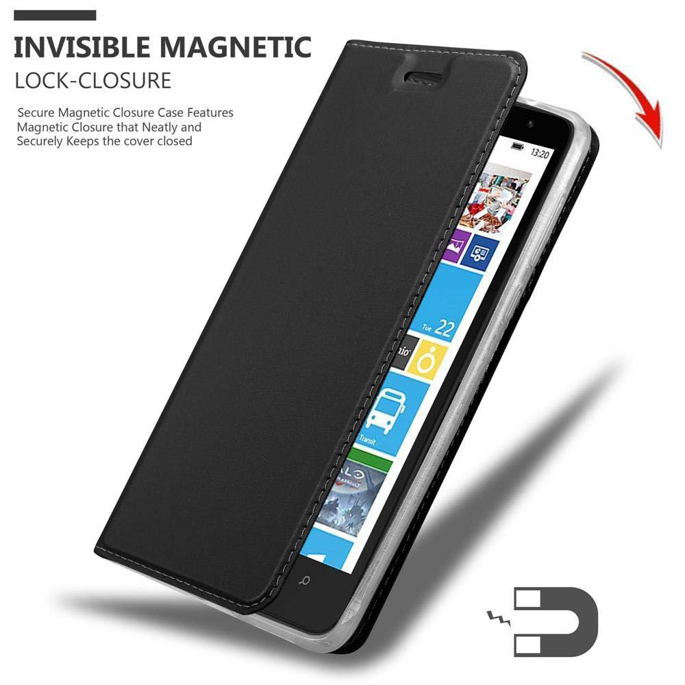 Custodia per telefono nera aperta, che mostra lo schermo del telefono con icone di app e testo: 'INVISIBLE MAGNETIC'.
