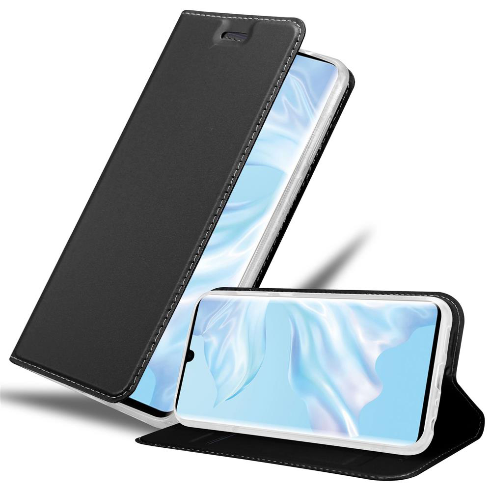 Ein schwarzes Smartphone in einer Klapphülle. Das Telefon ist geöffnet und zeigt ein blau-weißes abstraktes Bild.