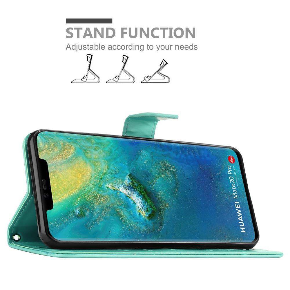 Smartphone in custodia verde in modalità stand. Testo: funzione stand e Huawei Mate20 Pro.