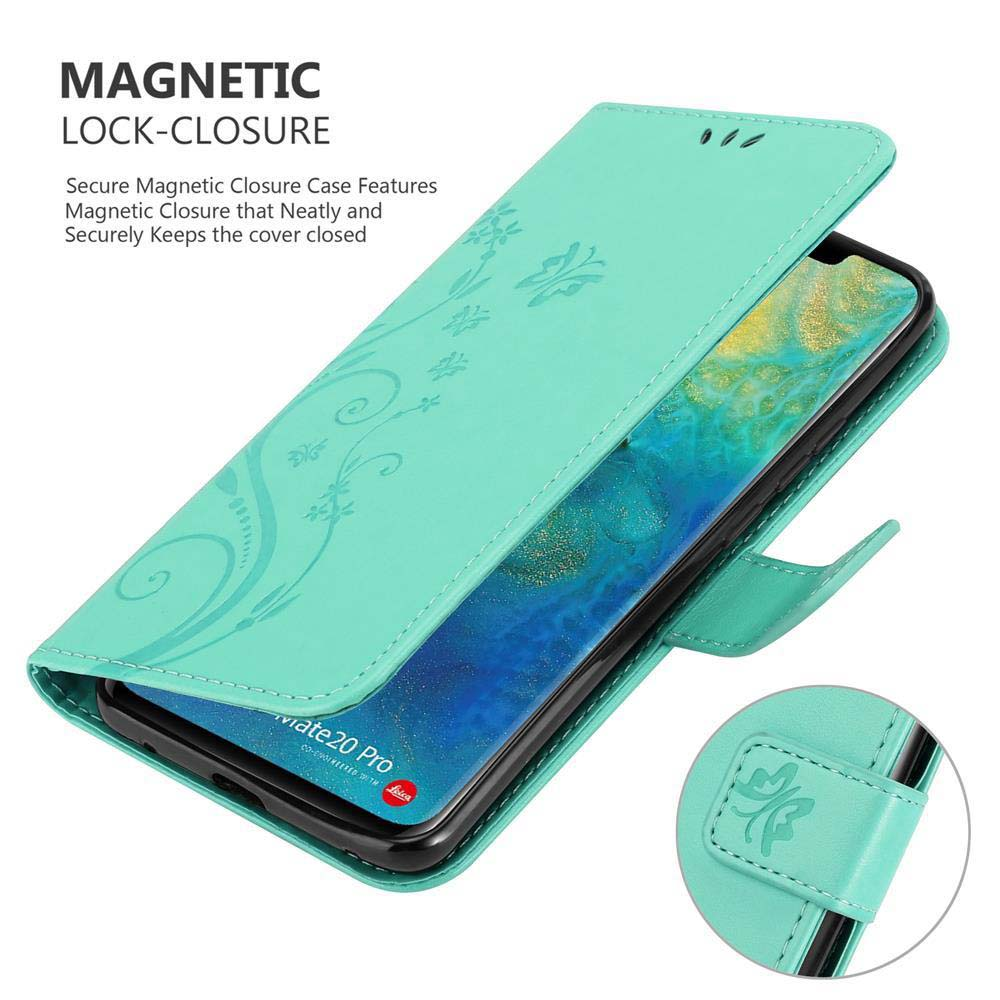 Custodia verde menta che tiene un telefono. La custodia ha un design floreale, lo schermo del telefono è visibile.