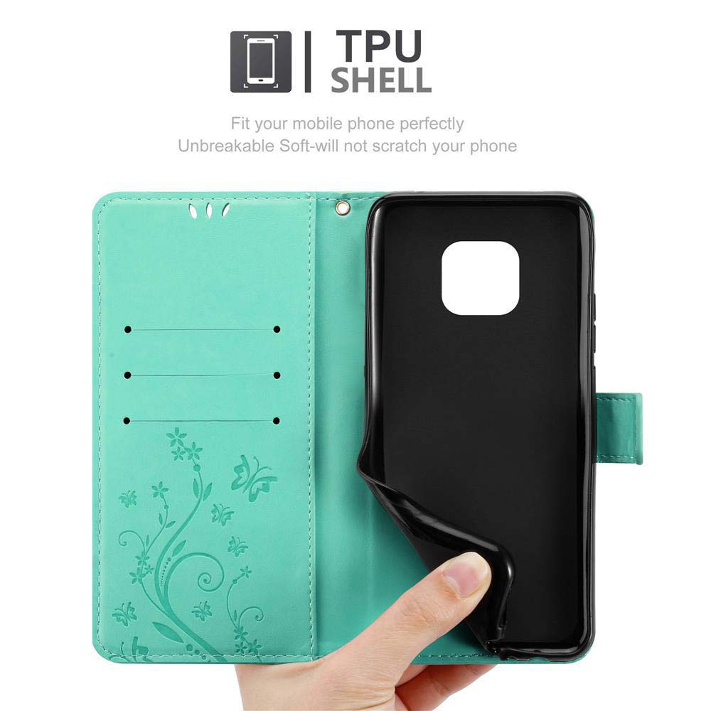 Una mano sta aprendo una custodia per telefono nera. La custodia è verde acqua. Il testo dice: TPU SHELL.
