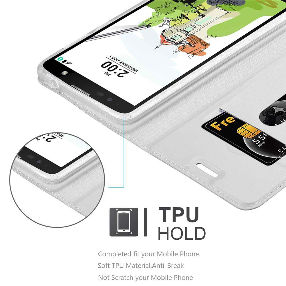 Uno smartphone all'interno di una custodia a libro bianca. Lo schermo mostra un'immagine. La custodia ha uno slot per schede.