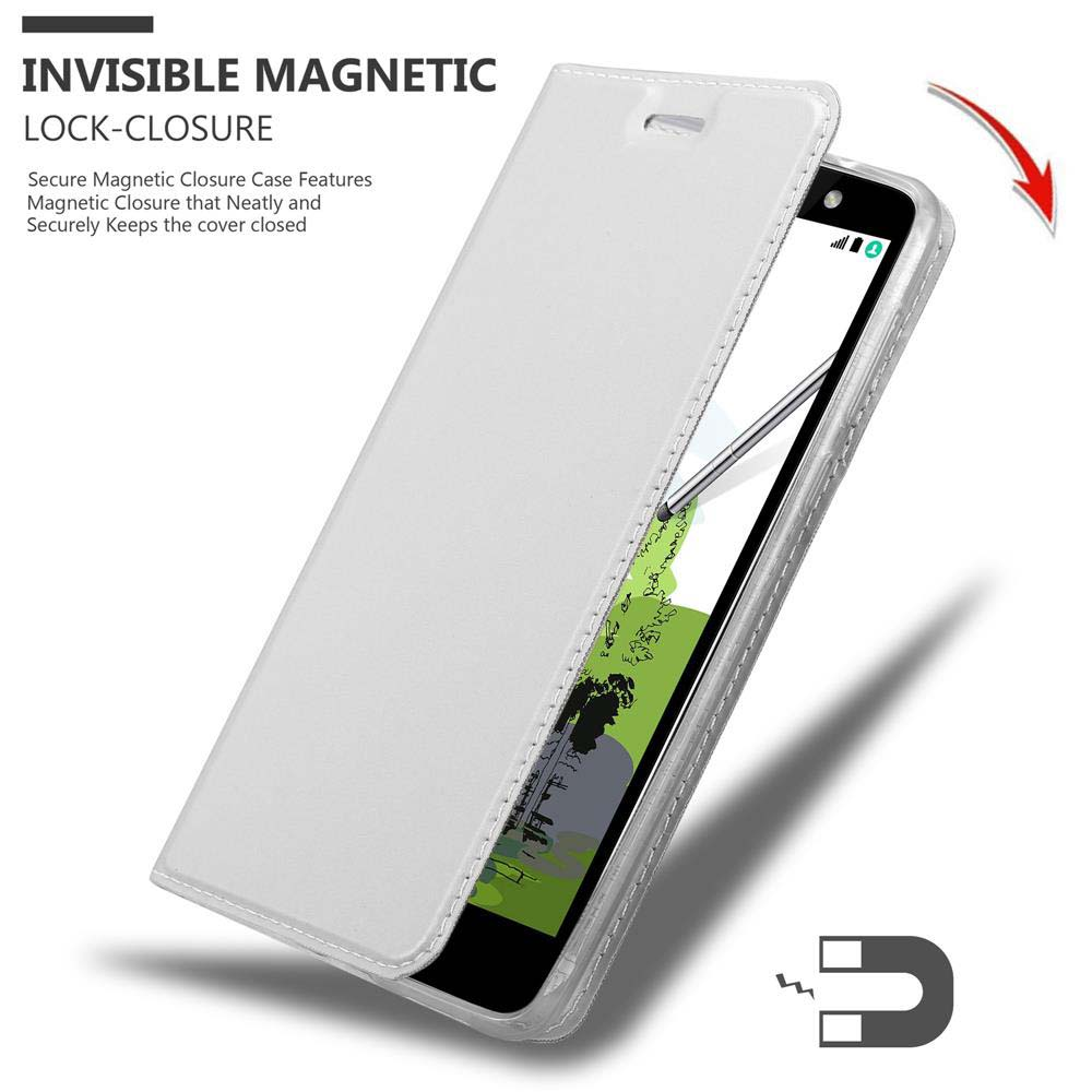 Custodia bianca con aletta aperta, telefono e icona di chiusura magnetica.
