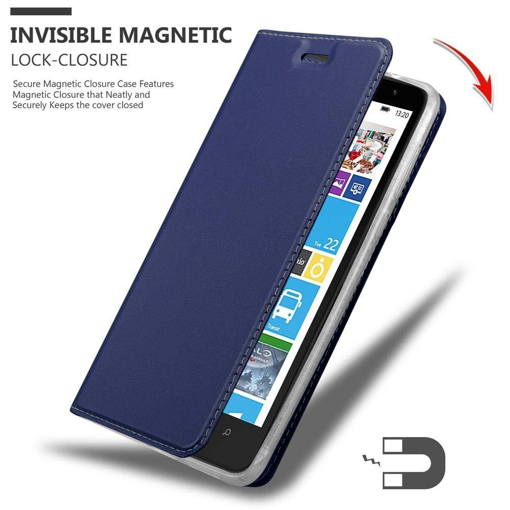 Custodia blu aperta, mostra lo schermo del telefono. Testo: Chiusura magnetica invisibile.