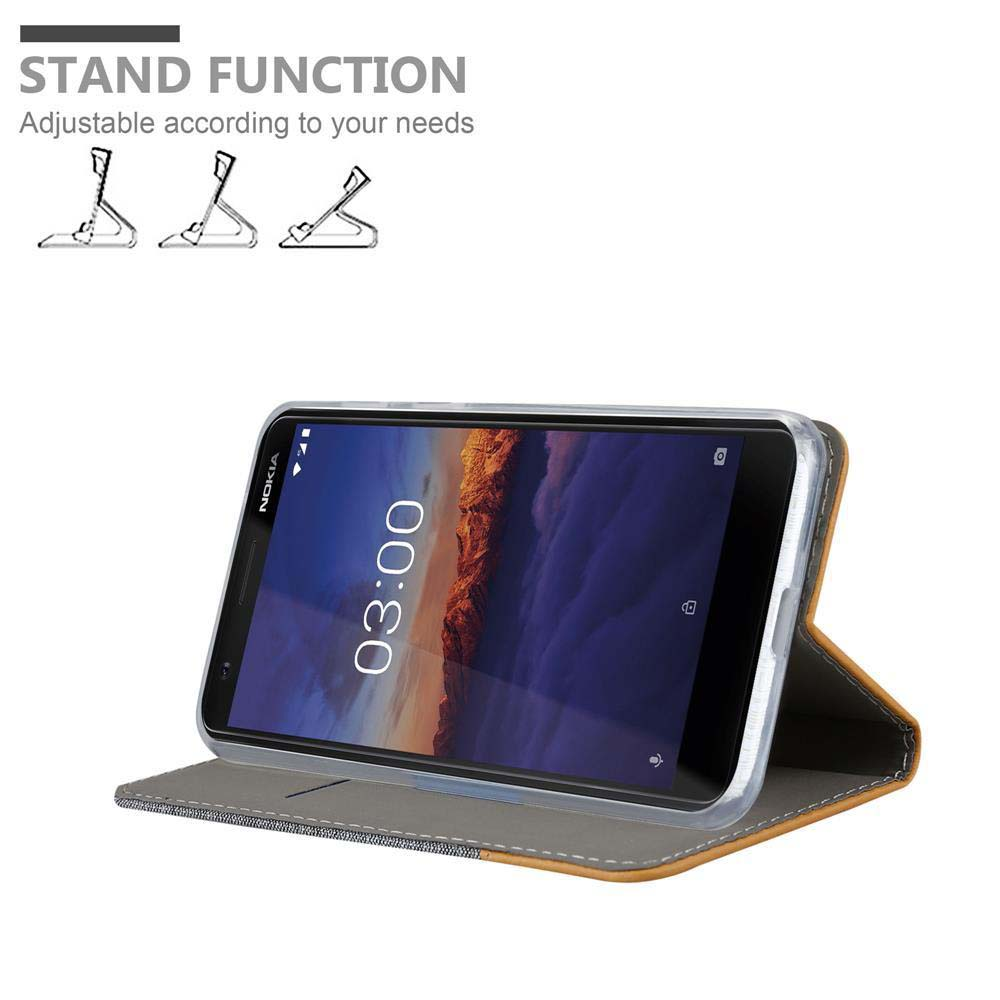Telefon in einer Hülle, im Standmodus angezeigt, mit Symbolen für die Standfunktion, weißer Hintergrund.