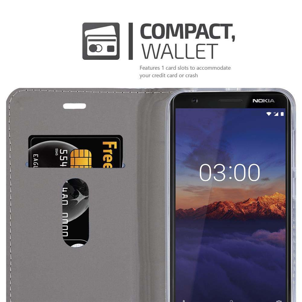 Telefon in einer Hülle mit Kartenfach. Die Hülle ist grau. Zeigt das Telefon und die Karte.