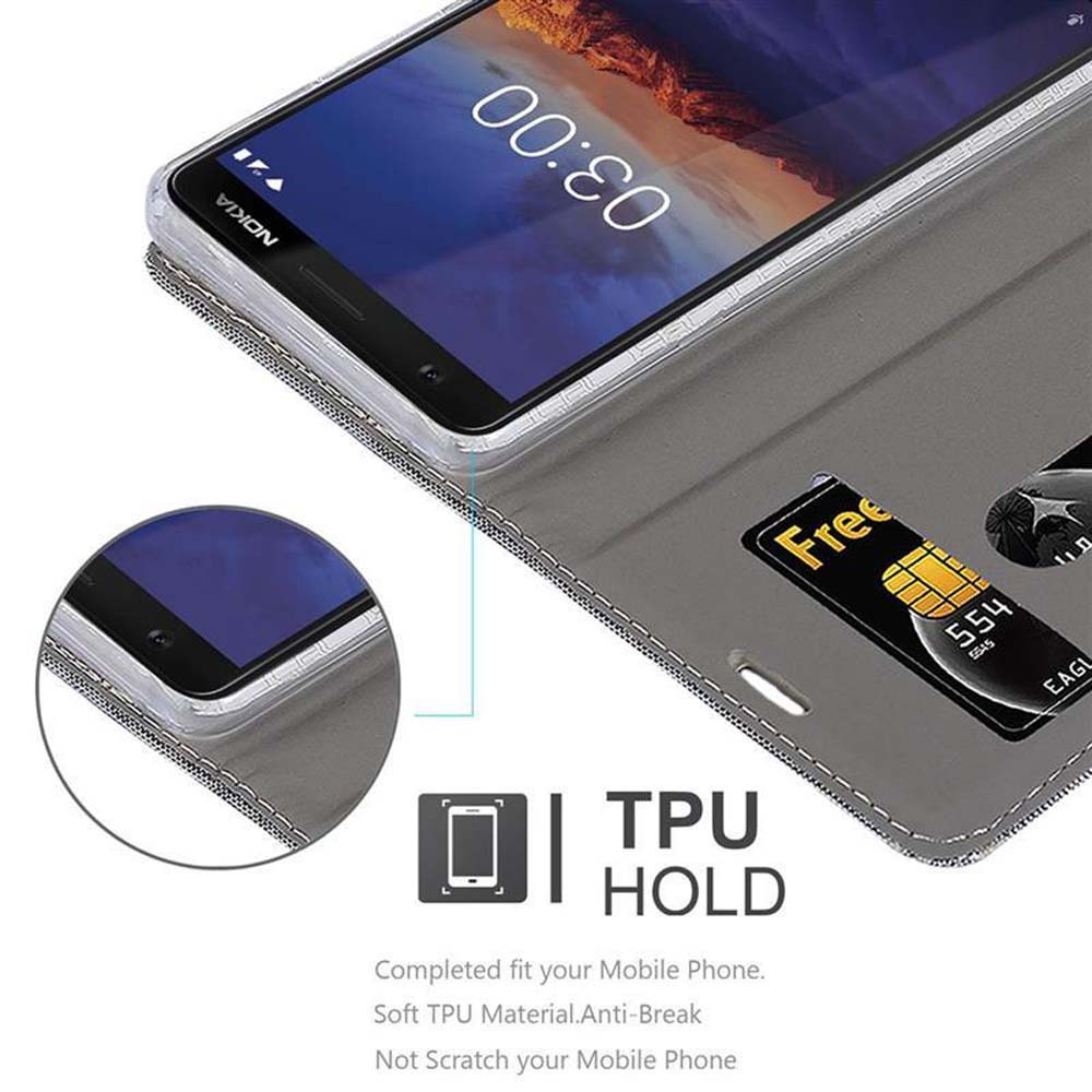 Ein Nokia-Telefon in einer Hülle mit Kreditkartenfach. Das Telefon zeigt die Zeit 03:00.
