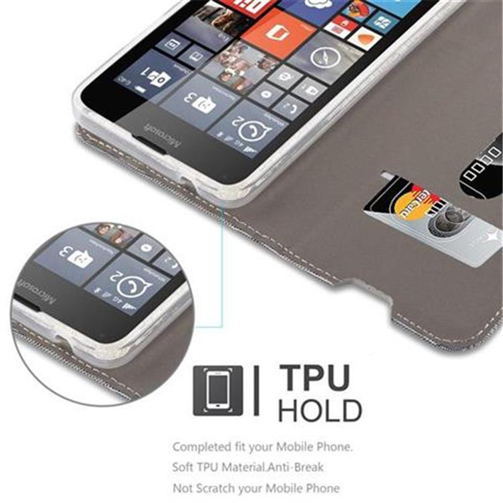 Un telefono in una custodia con una carta di credito in uno slot. Il testo dice: TPU HOLD, 'Completed fit your mobile phone'.