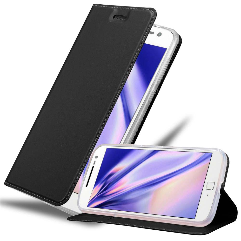 Funda de teléfono negra abierta, mostrando un teléfono blanco. El teléfono está en una superficie blanca.