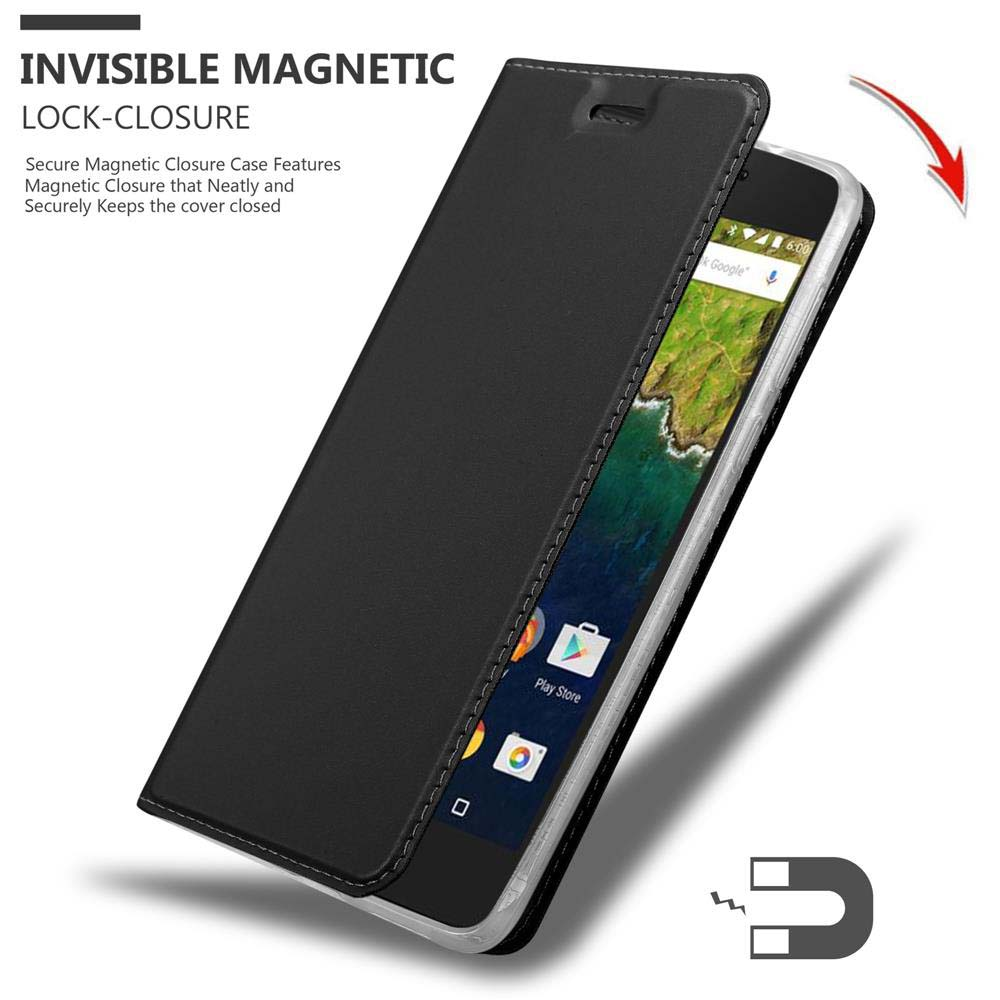Schwarze Handyhülle mit Telefon. Die Hülle ist offen und hat Magnet.