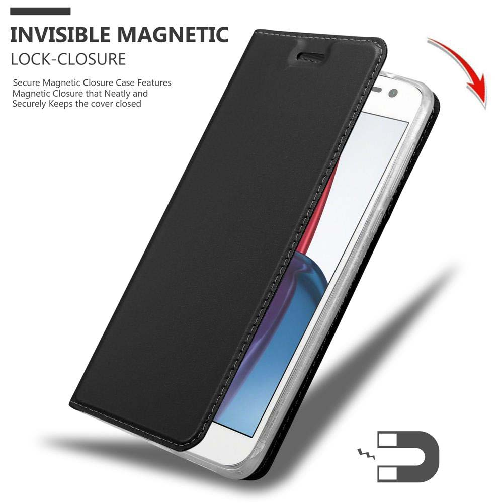 Una funda de teléfono negra con un teléfono blanco dentro y un letrero magnético. Señal INVISIBLE MAGNETIC LOCK-CLOSURE.