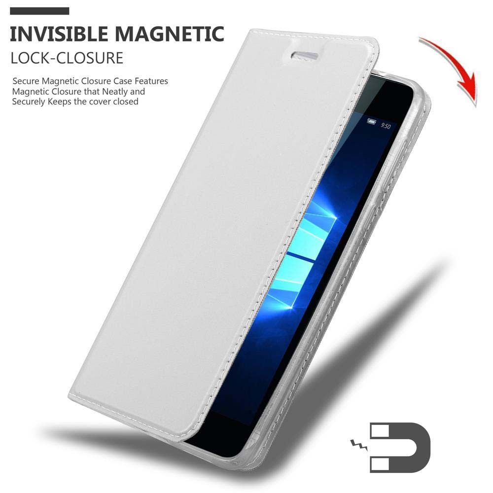 Funda de teléfono blanca abierta, revela un teléfono con gráfico azul y blanco. 'Invisible Magnetic Lock-Closure'.