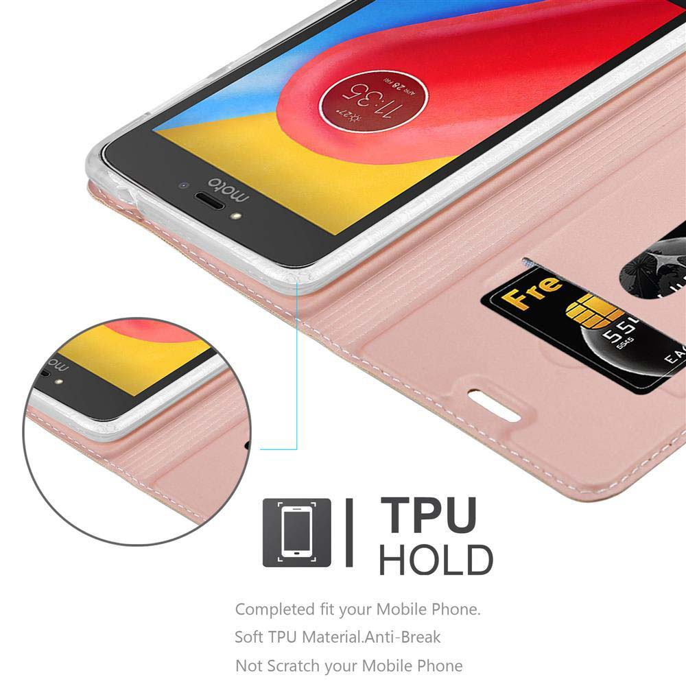 Telefono in custodia rosa. Carte nella fessura. Schermo visibile. Custodia rosa, telefono nero.
