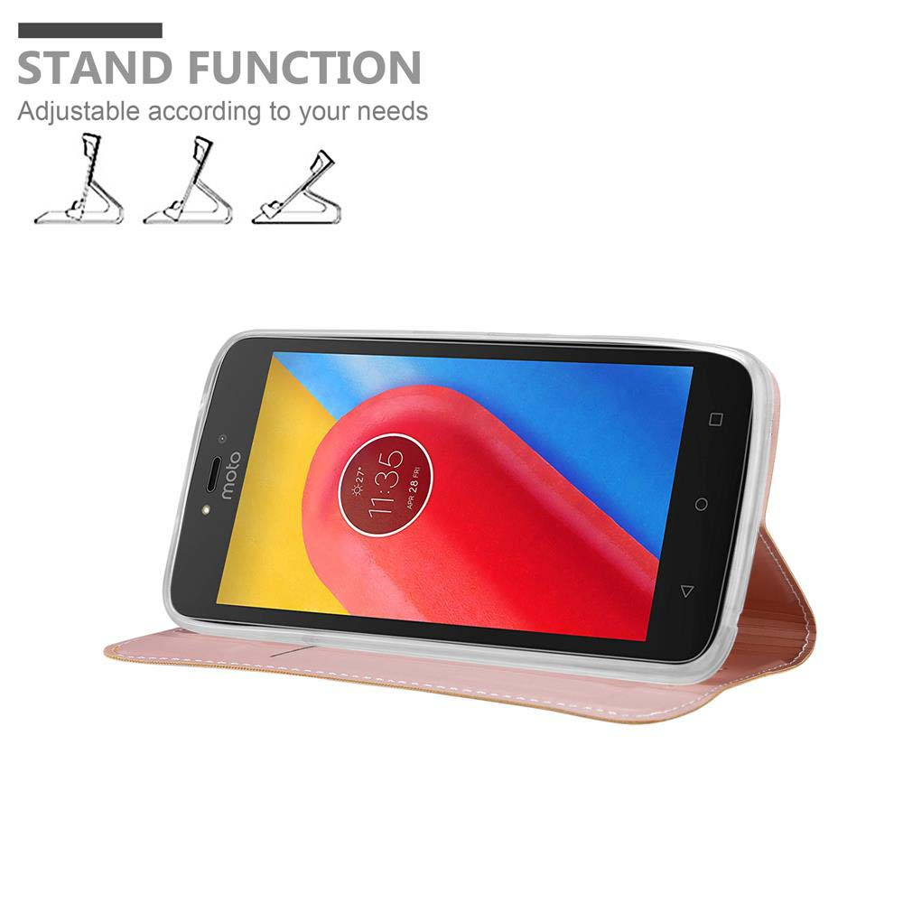 Un telefono in una custodia, con la funzione stand mostrata. Il telefono è su una custodia rosa, con una copertura trasparente.