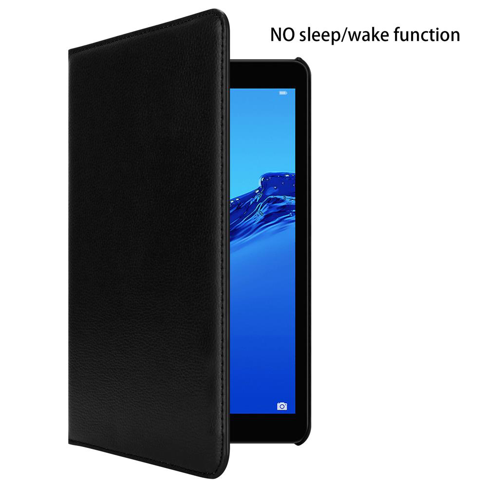 Schwarzes Tablet in einer schwarzen Hülle, geöffnet. Keine Schlaf-/Weckfunktion. Zeigt den Bildschirm.