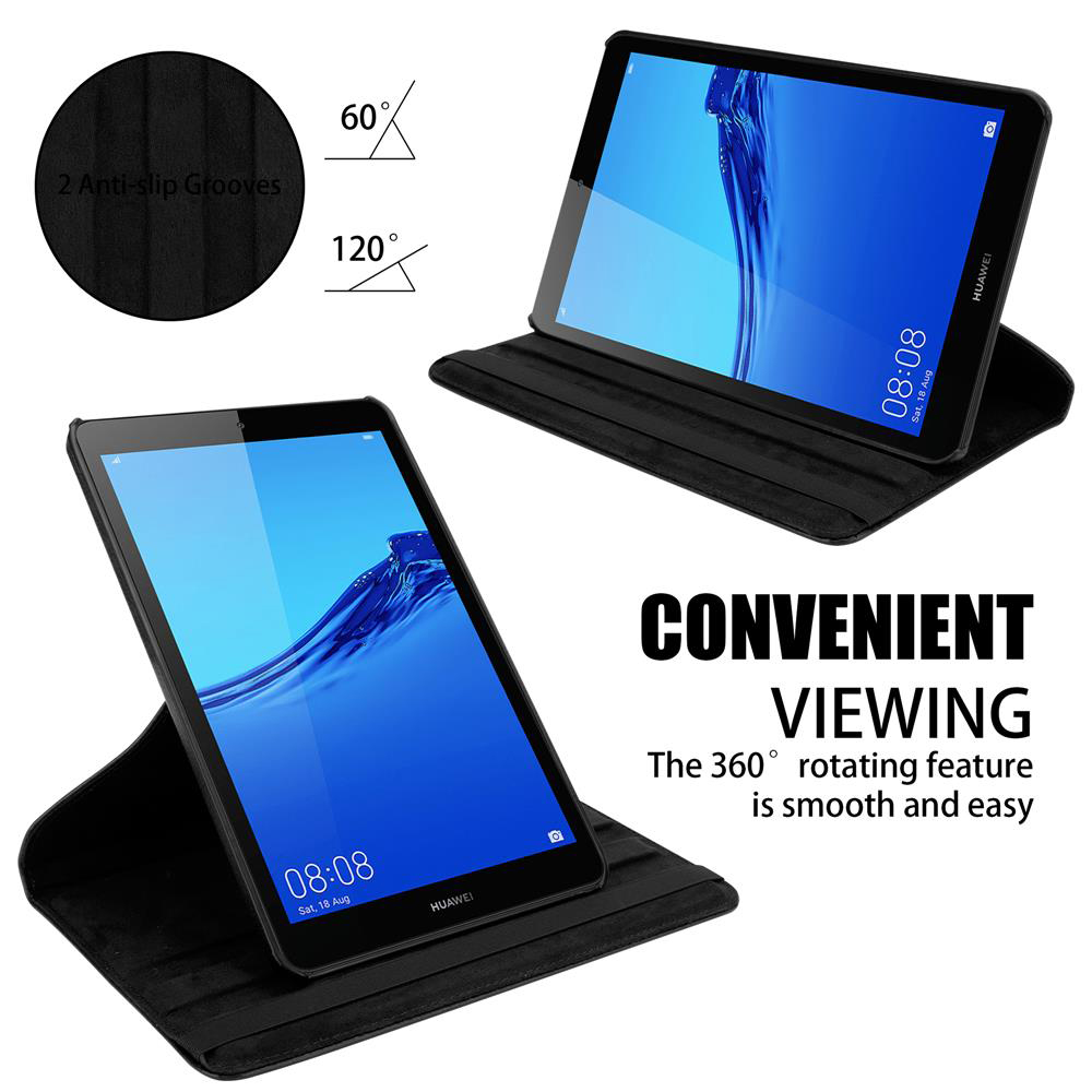 Zwei Tablets in schwarzen Hüllen, eines bei 60 Grad geöffnet, das andere bei 120 Grad. Text lautet 'Bequemes Betrachten'.