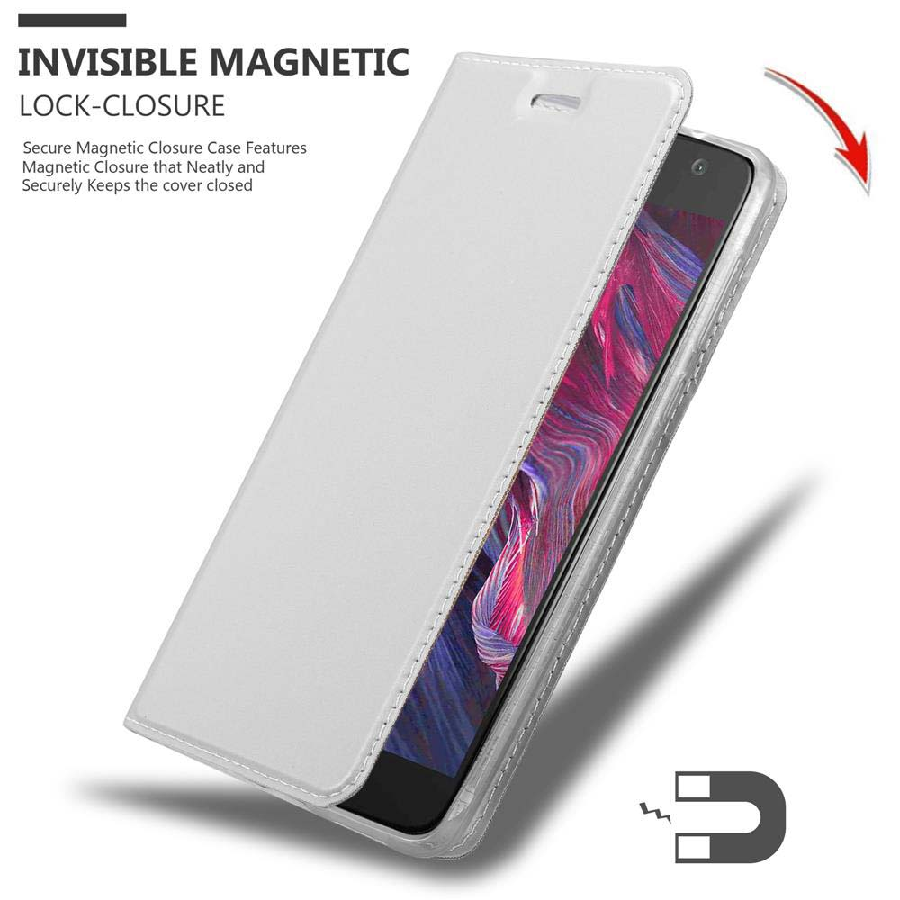 Custodia per telefono aperta. Mostra il telefono all'interno, la custodia bianca e la funzione di blocco magnetico.