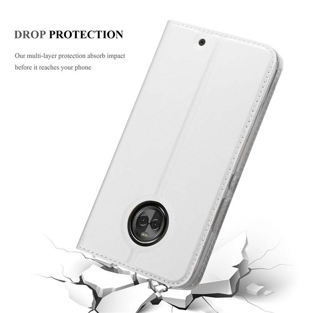 Custodia bianca per telefono con un telefono. La custodia e uno sfondo bianco. Il testo dice DROP PROTECTION.