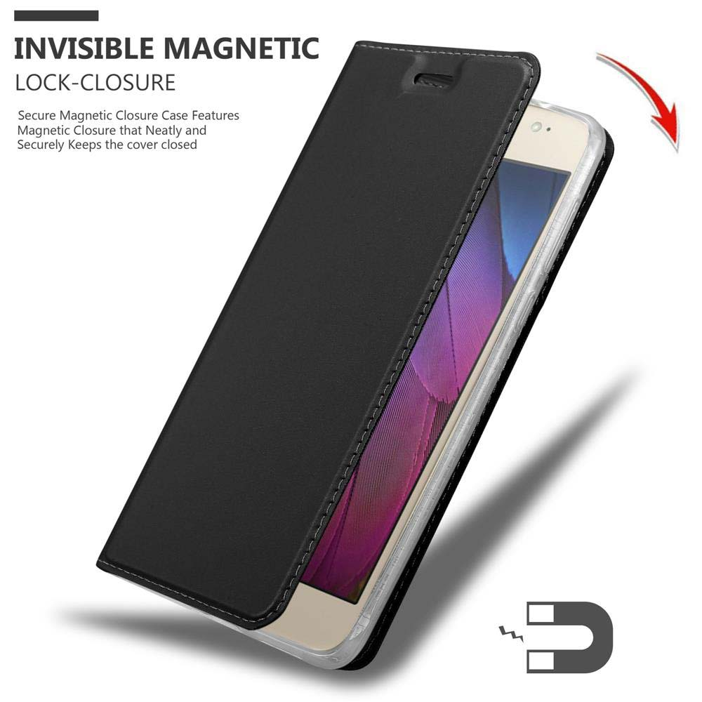 Custodia per telefono nera aperta, che mostra il telefono. Dettagli della chiusura magnetica invisibile.