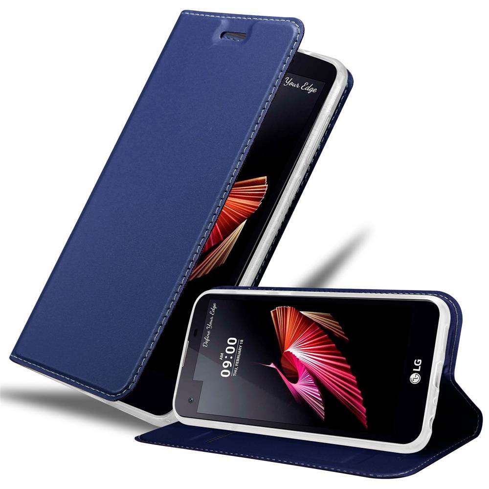 Custodia blu per telefono aperta, che mostra lo schermo del telefono. Un altro telefono sullo sfondo.