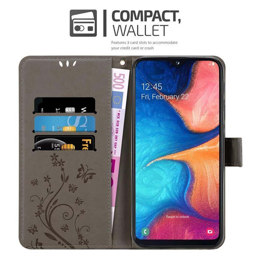 Una custodia per telefono con design a portafoglio, che mostra carte, denaro e uno schermo di smartphone.