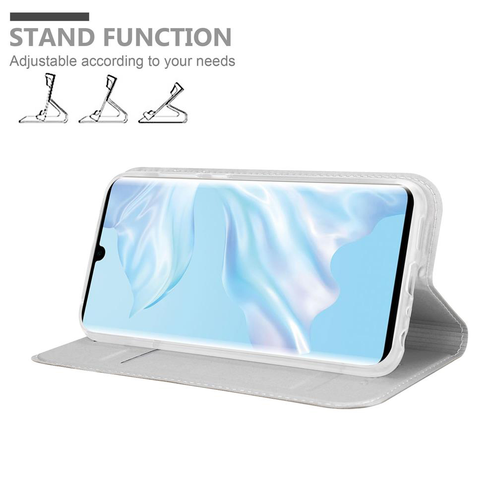 Telefon in einer Hülle, im Standmodus angezeigt, mit Symbolen für die Standfunktion, weißer Hintergrund.