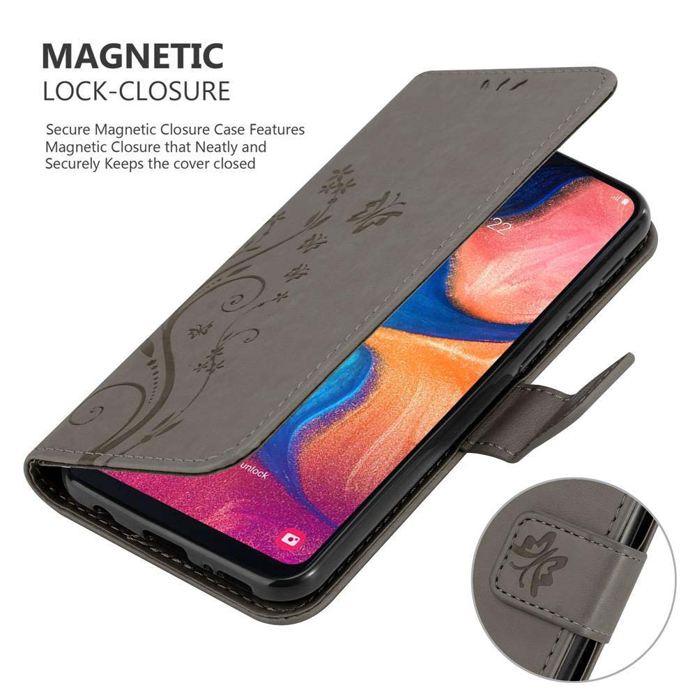 Custodia grigia per telefono aperta, design floreale, schermo del telefono mostrato.