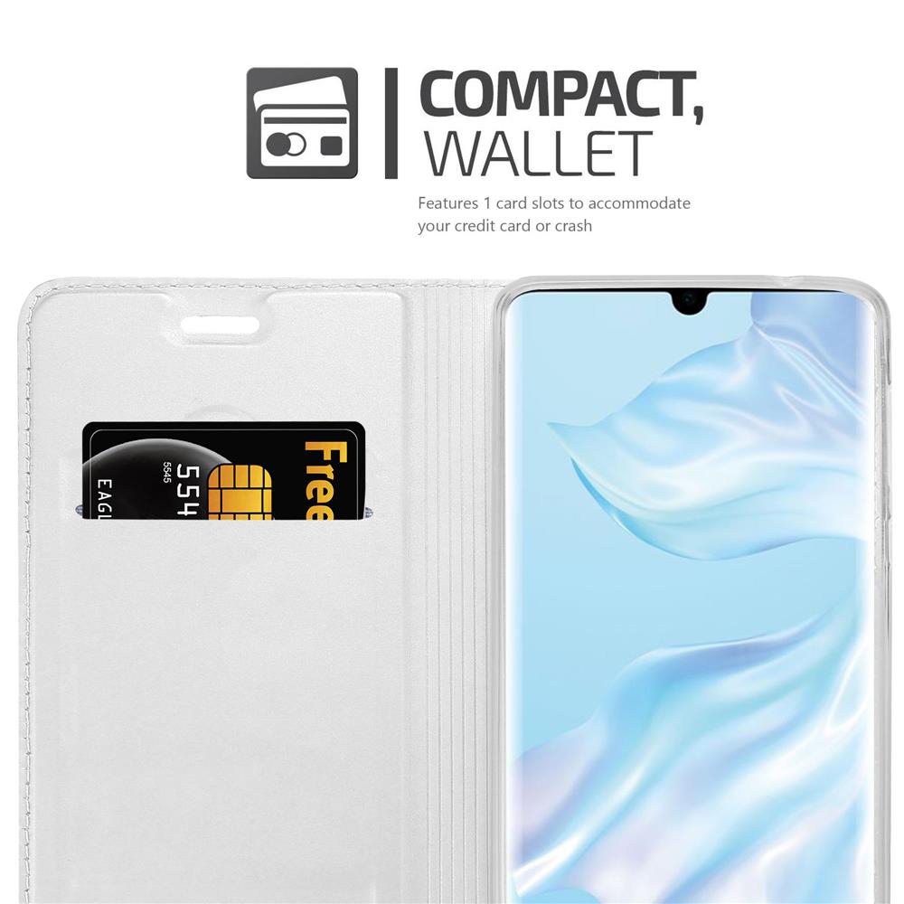 Telefon in Brieftaschen-Hülle mit Kreditkarte. Das Telefon zeigt einen weißen Bildschirm. Weißer Hintergrund.