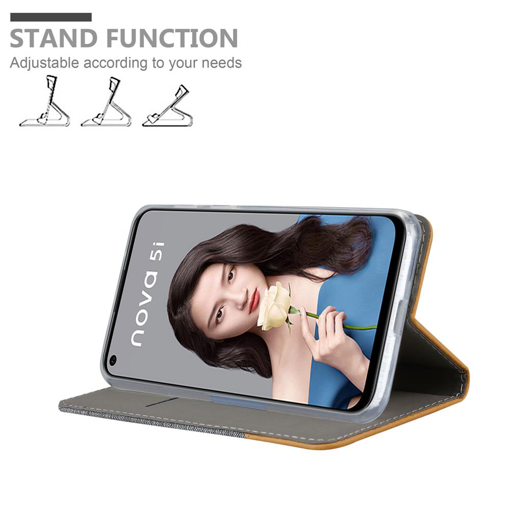 Telefono in una custodia, aperto. Una donna è sullo schermo. Il testo in alto recita "Stand Function".