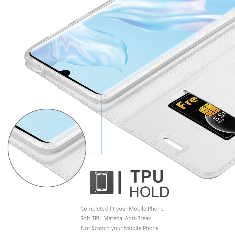 Weiße Handyhülle mit Telefon, das einen blauen Bildschirm anzeigt, Kreditkarte sichtbar.