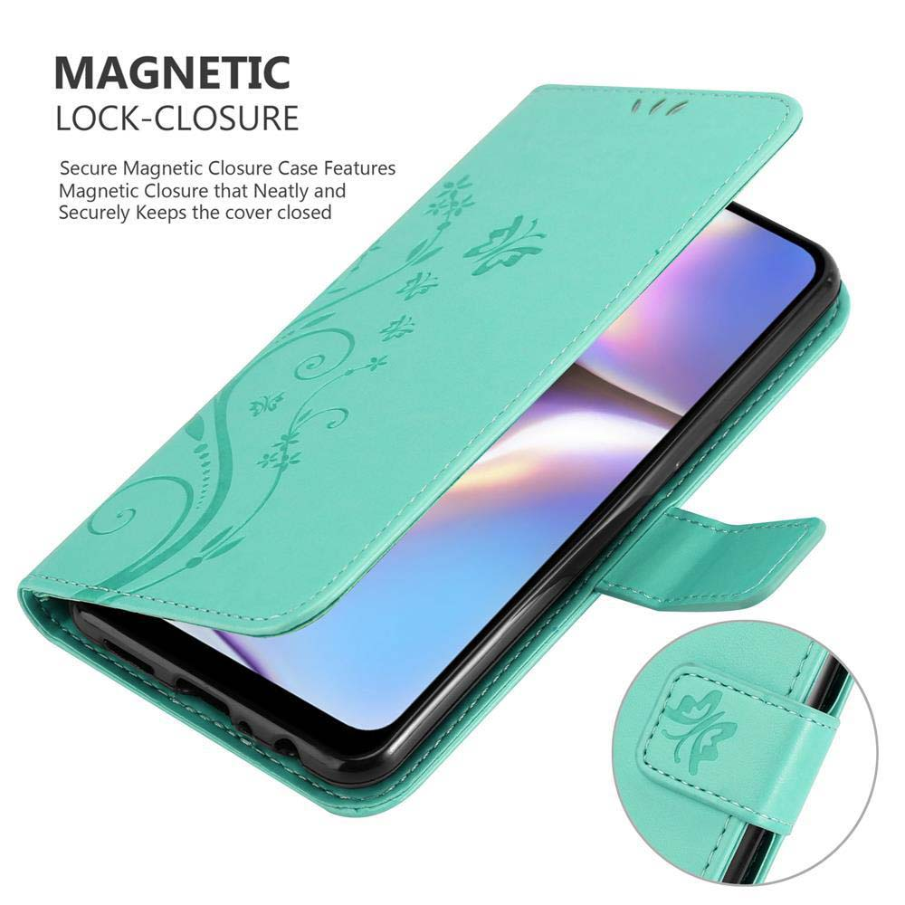 Custodia per telefono color verde acqua, aperta, con un design floreale e testo sulla chiusura magnetica.