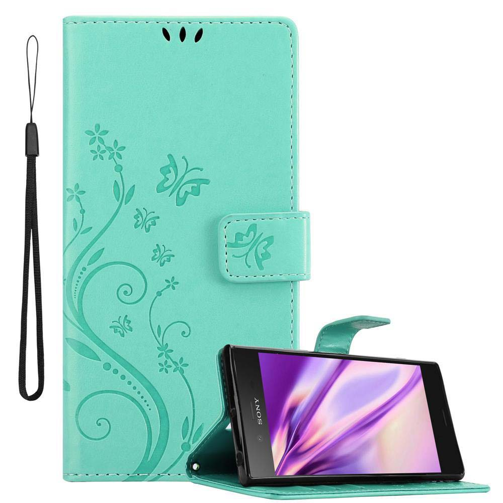 Custodia per telefono color verde acqua con motivi floreali. Il telefono è all'interno.
