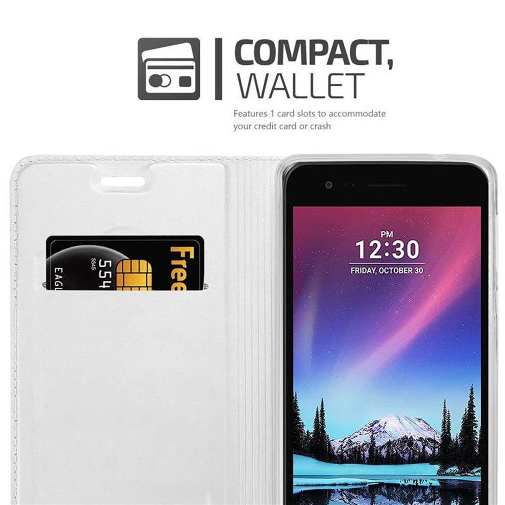 Telefono in custodia a portafoglio con carta di credito. Testo: Compatto, Portafoglio.
