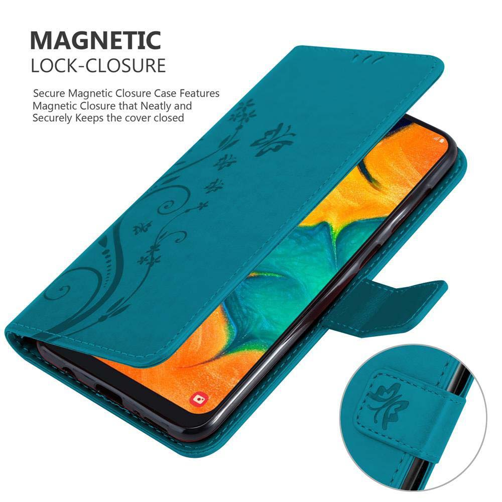 Custodia per telefono color turchese aperta. Schermo del telefono visibile, design floreale sulla cover. Testo: Chiusura magnetica.