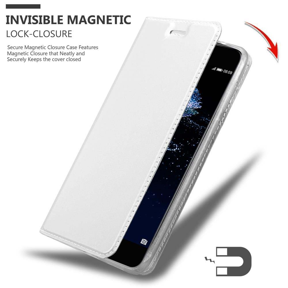 Weiße Handyhülle. Text besagt, dass sie einen unsichtbaren Magnetverschluss hat. Telefon ist innen.